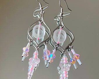 chandelier earrings with etherial vibes three tier pink crystal prism and butterfly accent beads