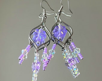 chandelier earrings with purple flowers and three tiers with iridescent & butterfly beads