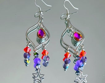 chandelier earrings with sunset vibes three tier purple and orange aura prism beads