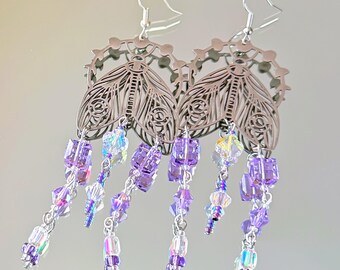 filigree lunar moth & moon phase earring with long purple glass bead strands