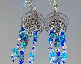 filigree lotus & moon earring with long blue green crystalline bead strands