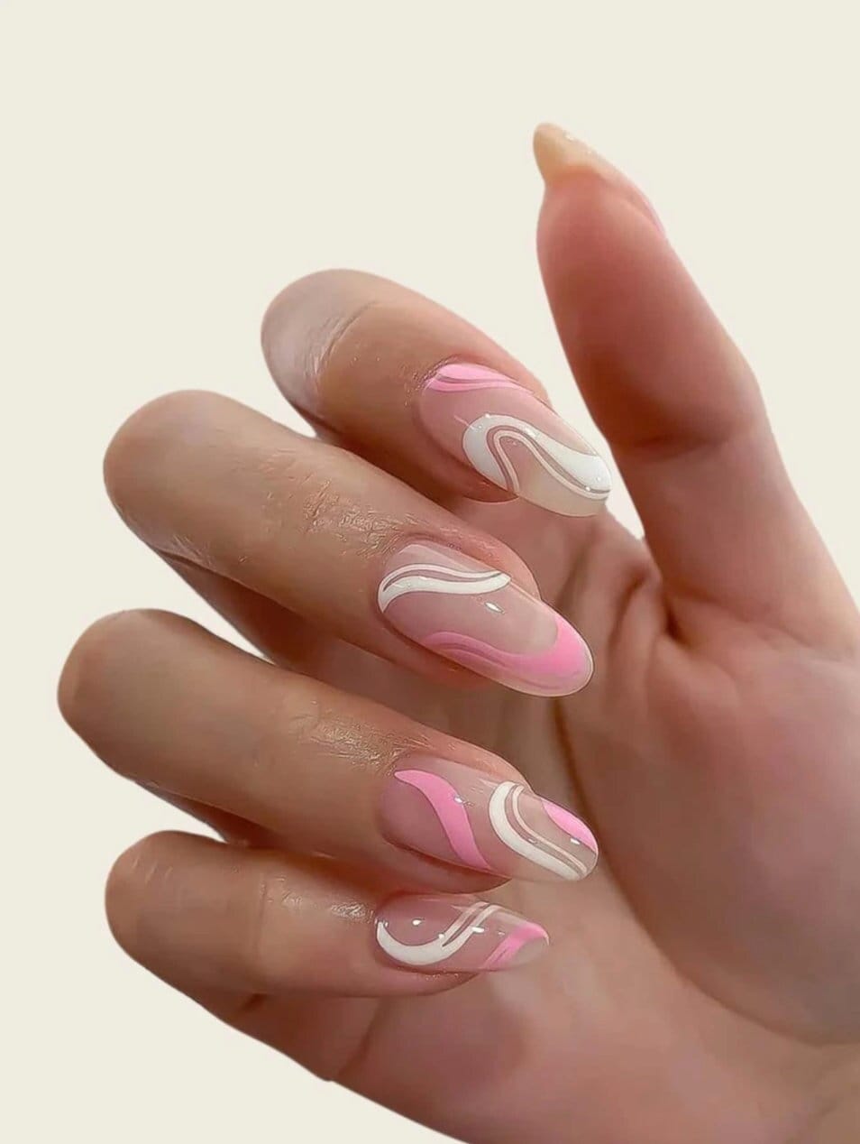 24Pcs Press On Nails Set | Almond Nails | Abstract Swirl Press On Nails | Long Luxury Fake Nails | False Nails | Nail Tips | Nude Pink White