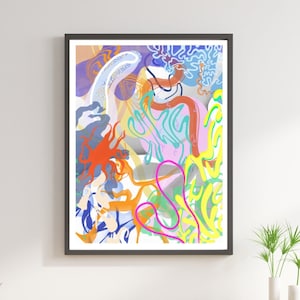 Ilustración abstracta colorida, arte abstracto extraño, decoración del hogar colorida y funky, arte mural ecléctico vibrante, arte mural maximalista