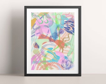 Abstract pastel art, rainbow pastel art, abstract shapes art, pastel kids room decor, 80s abstract art print, danish pastel decor