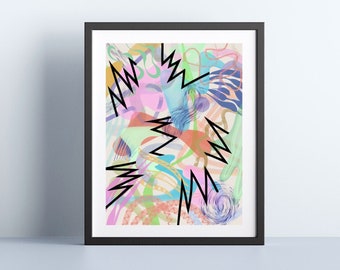 Pastel abstract art, rainbow pastel wall art, funky 80s room decor, bright abstract bedroom decor, colorful shape art, quirky office art