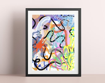 Colorful abstract illustration, weird abstract art, funky colorful home decor, eclectic vibrant wall art, maximalist wall art