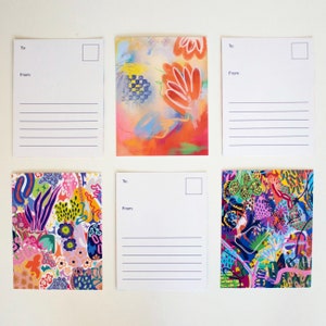 Set of 6 abstract art postcards, colorful postcards, abstract floral postcard bundle, original painting postcards, botanical postcards image 3