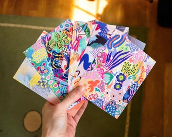 Set van 6 abstracte kunst ansichtkaarten, kleurrijke ansichtkaarten, abstracte bloemen ansichtkaart bundel, originele schilderij ansichtkaarten, botanische ansichtkaarten
