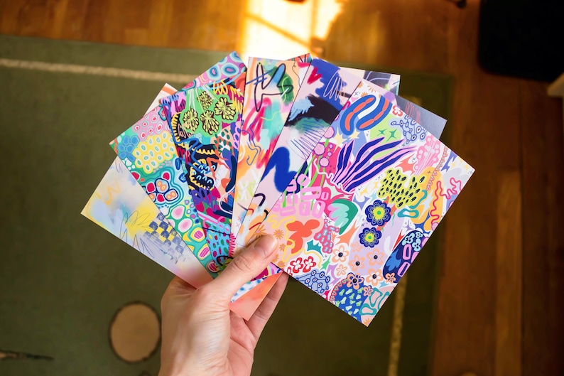 Set of 6 abstract art postcards, colorful postcards, abstract floral postcard bundle, original painting postcards, botanical postcards image 1