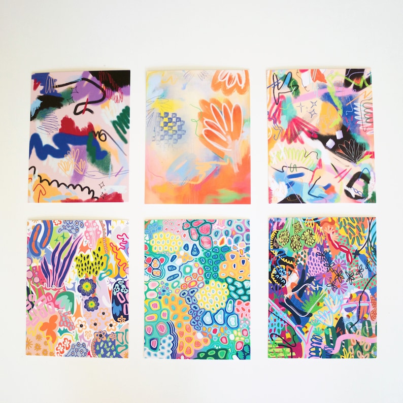 Set of 6 abstract art postcards, colorful postcards, abstract floral postcard bundle, original painting postcards, botanical postcards image 2