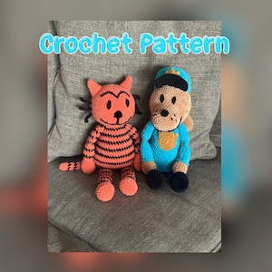 Crochet Cartoon Dog Cop and Petey the Cat Pattern, Crochet Doll Pattern, Amigurumi Plushie pattern, PDF, Dolls, Dog, Cat, Dog Man Inspired