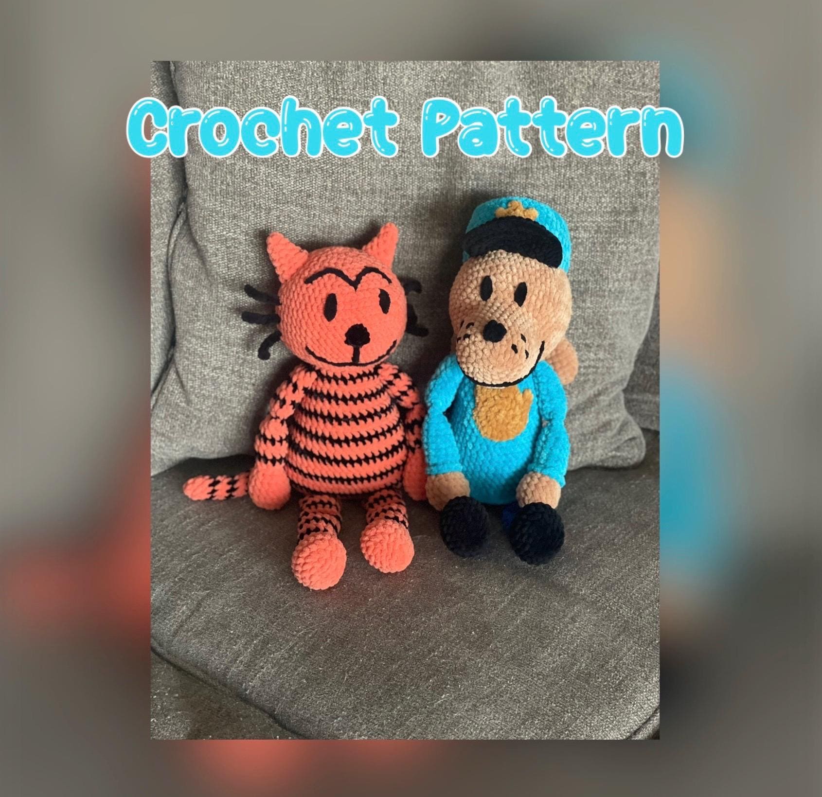 Cartoon Hund Cop und Petey die Katze Häkelanleitung, Puppen Häkelanleitung, Amigurumi Plushie Anleitung, PDF, Inspiriert von Puppen, Hund, Katze, Hundemensch