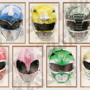 Mighty Morphin' Power Ranger Aquarell Digitaler Download: Komplettes Helm-Set