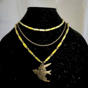 I've Been Steampunked by a Bird | Multistrand Jade, Bronze, and Chain Necklace