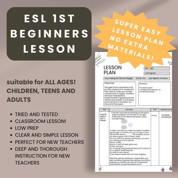Easy ESL Beginners Lesson: First Classroom Lesson | ESL Classroom Lesson Materials | New ESL Teacher Lesson Plan| No Prep | Easy Esl Lesson