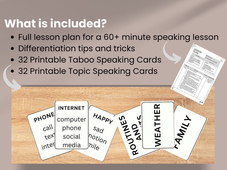May include: A set of printable speaking cards for English language learners. The cards feature topics like "Phone", "Internet", "Happy", "Routines and Habits", "Weather", and "Family". The set also includes a lesson plan and differentiation tips.