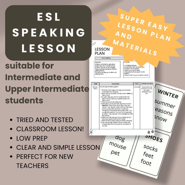 Easy ESL Speaking Lesson Intermediate | Easy ESL Classroom Lesson | New ESL Teacher Lesson | Random Topic and Taboo Cut Out Cards | Low Prep