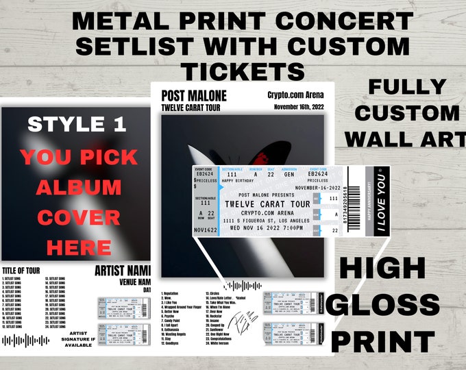 Personalized Concert Metal Print, Custom tickets, Personalized album cover, Concert Setlist, Customizable 10th Anniversary Gift Aluminum Tin