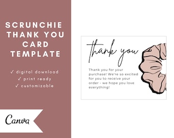 Printable Scrunchie Thank You Card Template | Handmade Small Business Print at Home | Customizable Editable Order Insert Purchase Packaging