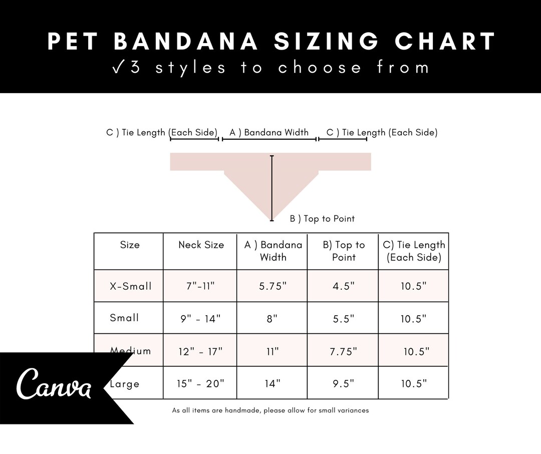 Dog Cat Bandana Sizing Chart Editable Customizable Pet Accessory