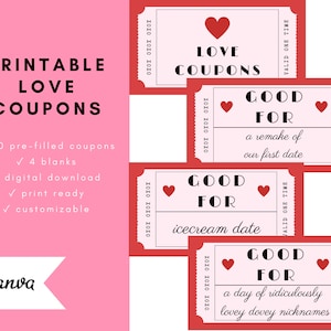 Printable Love Coupons | Valentine&#39;s Anniversary Idea Gift for Him Her Husband Boyfriend Girlfriend Romantic Funny Valentine Valentines