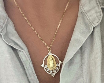 Virgin Mary Necklace, Religious Necklace, Miraculous Pendant, Mary Necklace, Medallion Necklace, Catholic Virgin Mary, Gold Filled Necklace