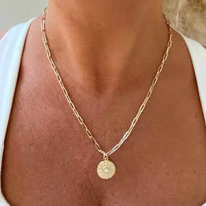 18K Gold Filled Necklaces for Women, Gold Medallion Necklace, Paperclip Necklace, Layer Link Chain, Dainty Necklace, Opal Coin, 18k Gold
