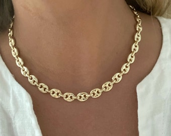 Puffed Mariner Link Chain Necklace, Gold Chain, Gold Puff