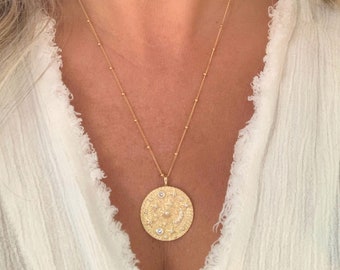 Gold Coin Sun Moon Stars Necklace, Celestial Opal Jewelry Necklace, Moon Necklace Sun Necklace, Sun and Moon Circle Necklace, Gift for Her