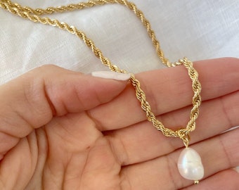 Pearl Necklace, Gold Pearl Necklace, 18K Gold Filled Pearl Necklace, Dainty Freshwater Pearl Necklace, Rope Chain, Birthday Gift For Her