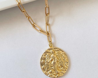 Angel Necklace, Gold Coin Medallion Necklace, Gold Necklace, Guardian Angel, Paperclip Necklace, Gift For Her, Angel Dainty Necklace, Coin