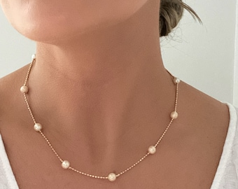 Dainty Pearl Necklace, Freshwater Pearl Necklace, Minimalist Jewelry, Bridal Necklace, Wedding Jewelry, Bridesmaid Gift, Floating Pearl