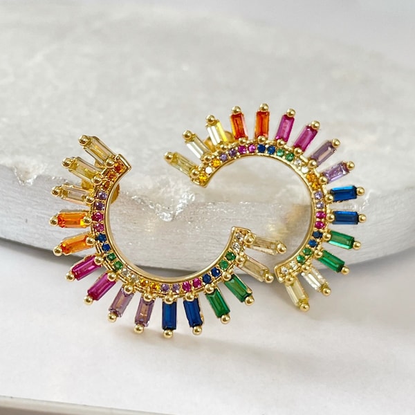 Rainbow Crystal Earrings, Multicolored Gold Stud Earrings, Rainbow Earrings, CZ Pave Rainbow Stud Earrings, CZ Crystal Cluster Earrings
