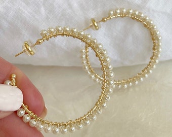 Pearl Hoop Earrings, 18k Gold Filled Hoop Earrings, Wire Wrapped Pearl Earrings, Pearl Hoops, Gift For Her, Pearl Wire Wrapped Gold Earrings