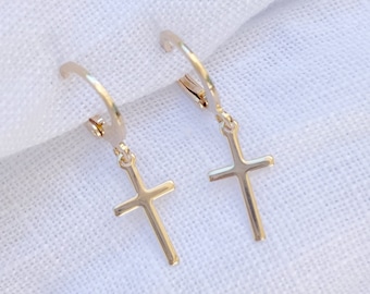 18K Gold Cross Earrings, Gold Filled Simple Cross Huggie Earrings, Dangle Earrings for Women, Tiny Earrings, Tiny Hoop Earrings, Tiny hoop