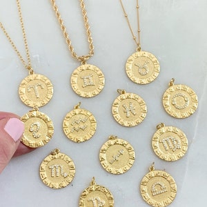 Zodiac Astrology Necklace, Zodiac Coin Necklace, Celestial Medallion Necklace, Layered Gold Necklace, Constellation, Gemini Necklace, Cancer