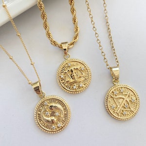 Zodiac Necklace, Gold Coin Zodiac Necklace, Minimalist Jewelry Gift For Her, Pisces Necklace, Aquarius Necklace, Personalized Gift For Women image 1