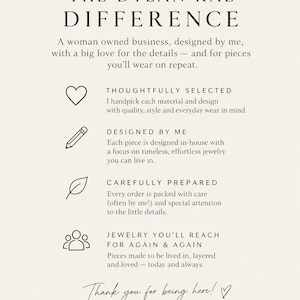 May include: A cream-coloured informational card titled THE DYLAN RAE DIFFERENCE. It features black text detailing business practices, including sections on selection, design, preparation, and jewellery, accompanied by heart, pencil, leaf, and group icons.