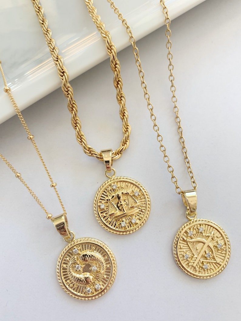 Zodiac Necklace, Gold Coin Zodiac Necklace, Minimalist Jewelry Gift For Her, Pisces Necklace, Aquarius Necklace, Personalized Gift For Women image 1