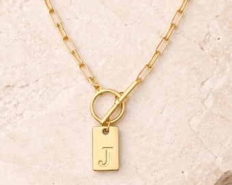 14k Gold Initial Necklace with Toggle Clasp Initial Letter Charm Necklace for Women Paper Clip Chain Gift For Her Mothers Day Gift