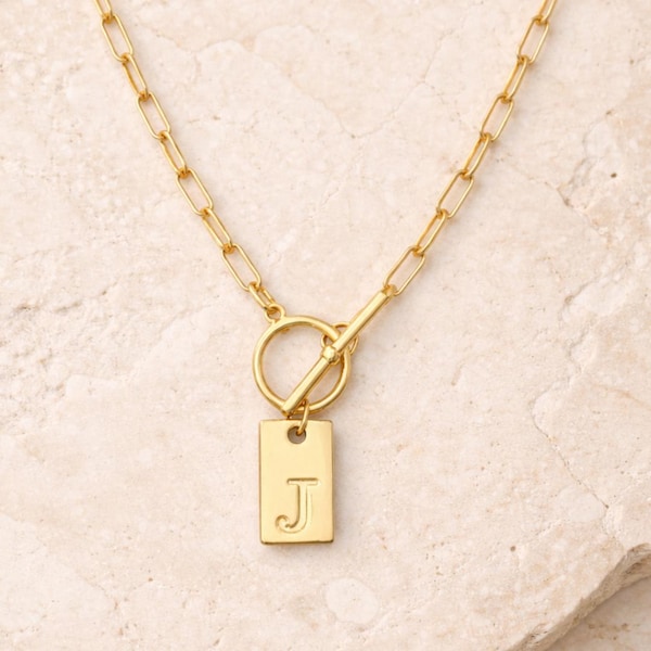 14k Gold Initial Necklace with Toggle Clasp Initial Letter Charm Necklace for Women Paper Clip Chain Gift For Her Mothers Day Gift