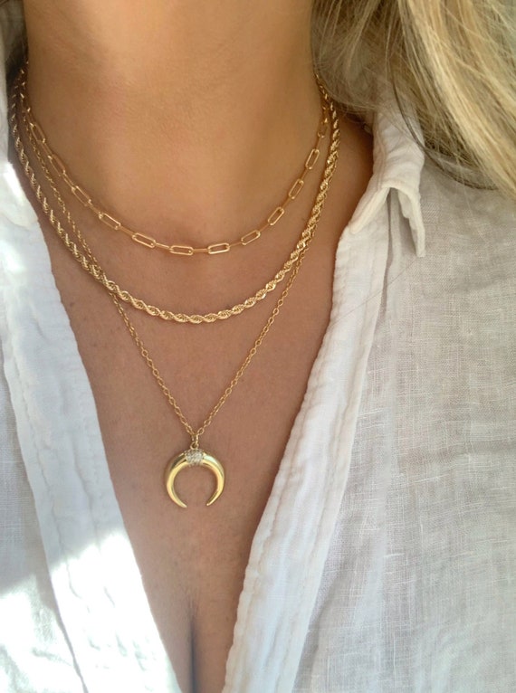 Gold Layering Necklace SET Layer Link Chain Paperclip Necklace L Rope Chain  L Horn Necklace L Layered Necklace L Paperclip Chain Choker 