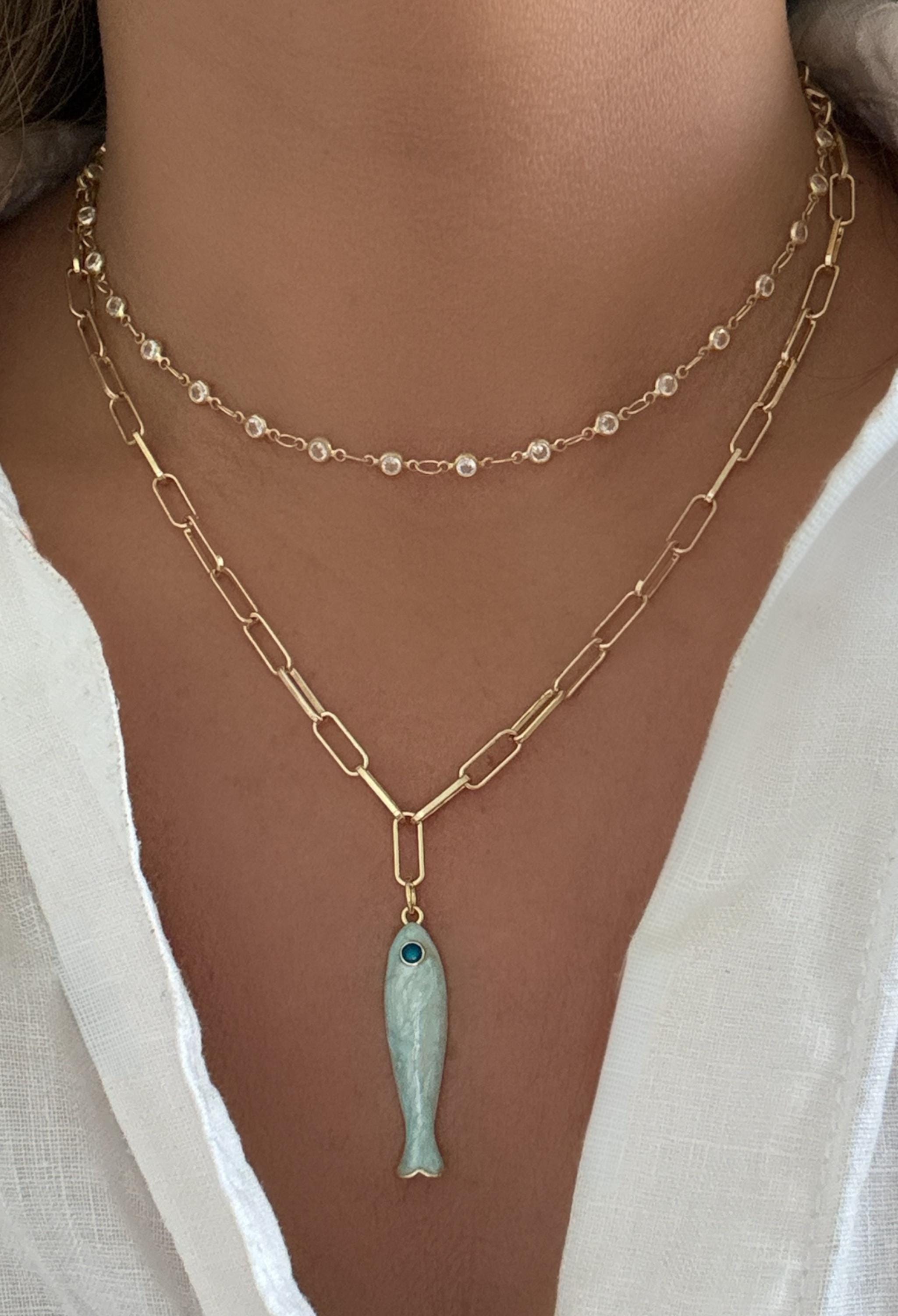 14k Gold Fish Necklace Gold Pendant Necklace Paperclip Chain Gift for ...
