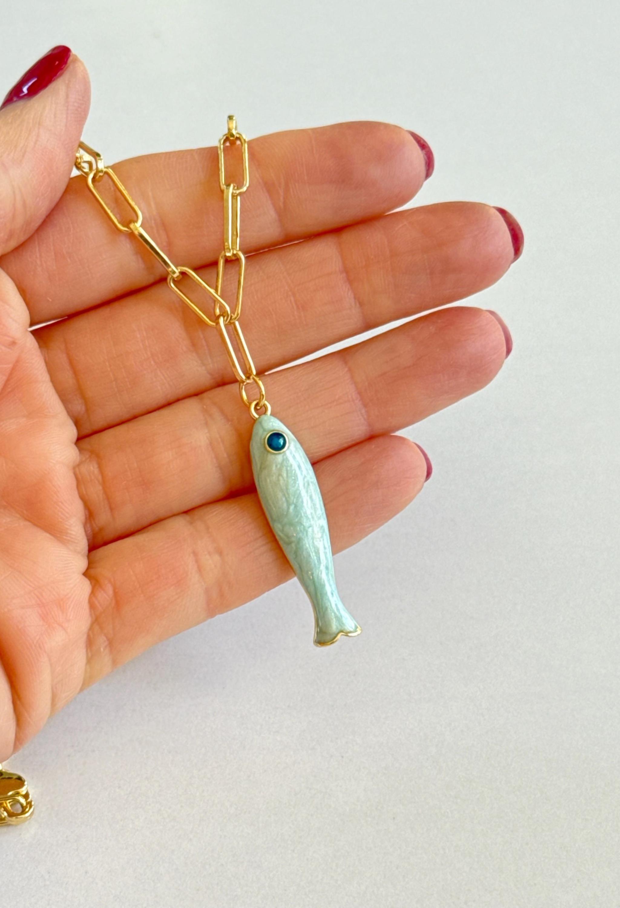14k Gold Fish Necklace Gold Pendant Necklace Paperclip Chain Gift for ...