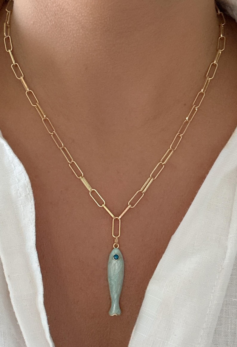 14k Gold Fish Necklace Gold Pendant Necklace Paperclip Chain Gift for ...