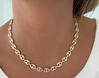 Collar de cadena de oro de 18 quilates, cadena de eslabones marineros abullonados, collar marinero, cadena de eslabones marineros abullonados, collar de eslabones de ancla, regalo para mamá, regalo