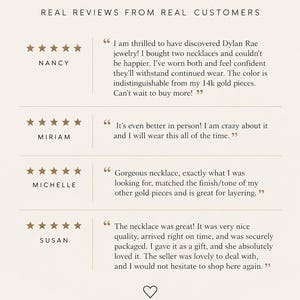 May include: A testimonial graphic for Dylan Rae jewellery featuring the heading Loved by Thousands and Real Reviews from Real Customers. It displays four five-star reviews from Nancy, Miriam, Michelle, and Susan, plus a note about over 5,000 reviews.
