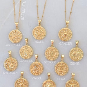 Zodiac Necklace, Gold Coin Zodiac Necklace, Minimalist Jewelry Gift For Her, Pisces Necklace, Aquarius Necklace, Personalized Gift For Women image 2