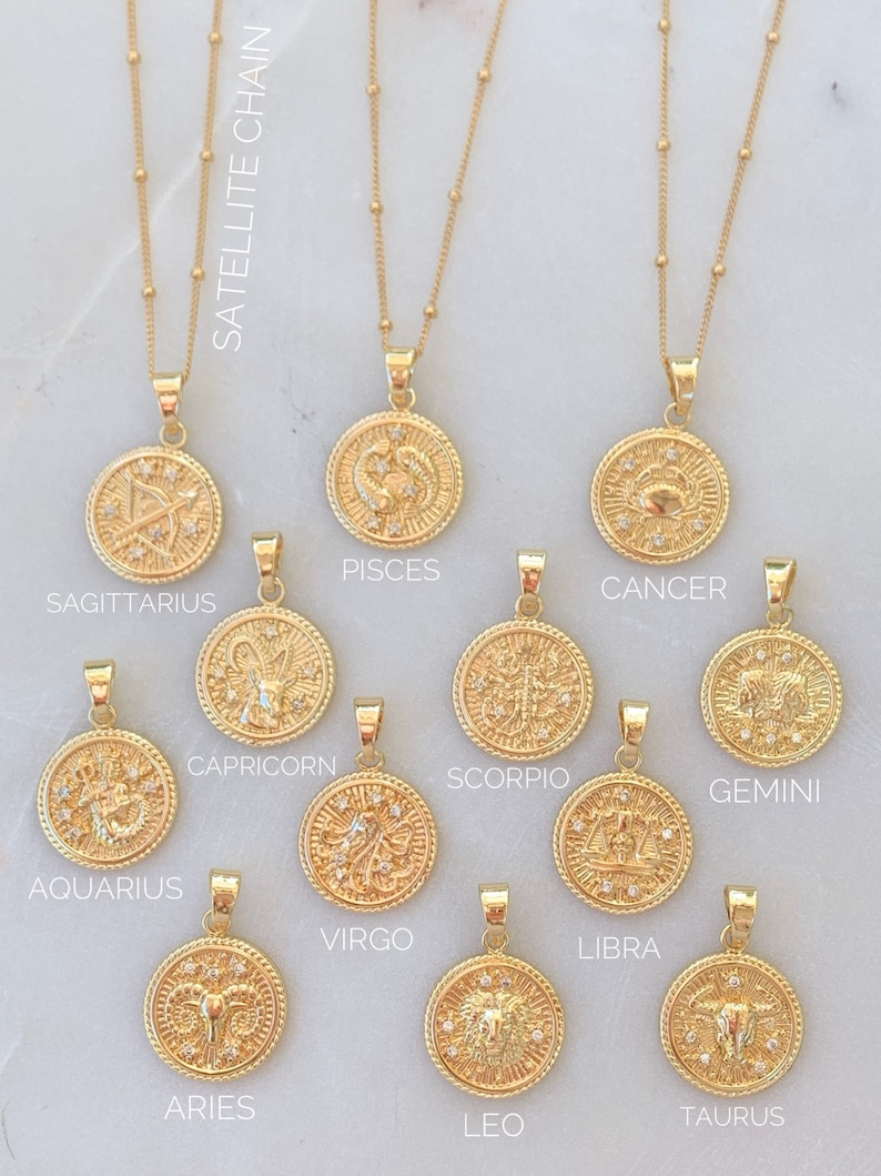 Zodiac Necklace, Gold Coin Zodiac Necklace, Minimalist Jewelry Gift For Her, Pisces Necklace, Aquarius Necklace, Personalized Gift For Women image 2