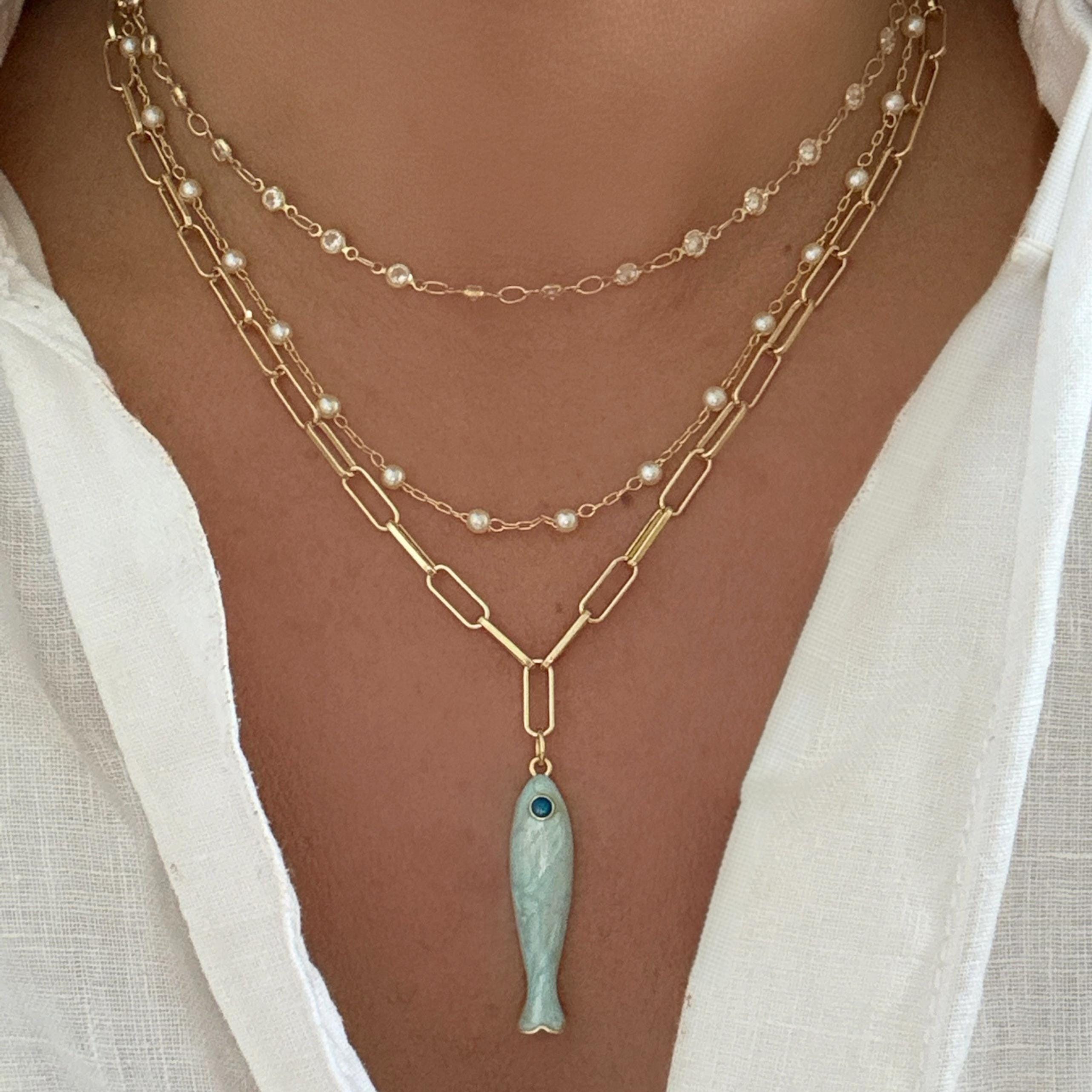 14k Gold Fish Necklace Gold Pendant Necklace Paperclip Chain Gift for ...